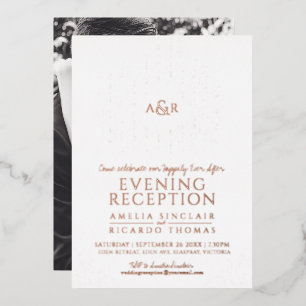 Rose gold-weiß-monogramm Hochzeitsempfang Foto Folieneinladung