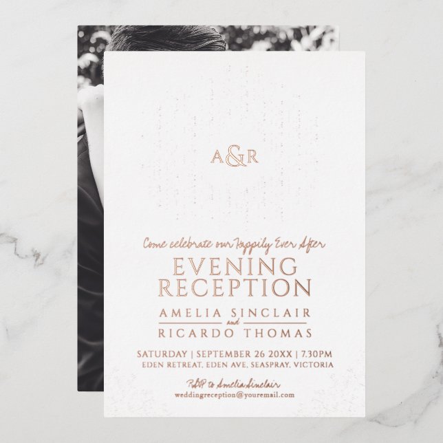 Rose gold-weiß-monogramm Hochzeitsempfang Foto Folieneinladung (Vorderseite/Rückseite)