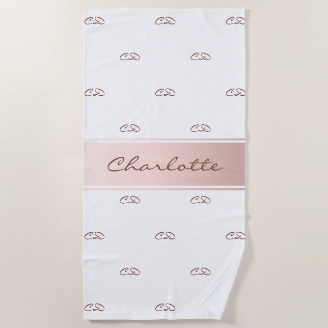 Rose gold weiß monogramm moderner eleganter Name Strandtuch (Vorderseite)