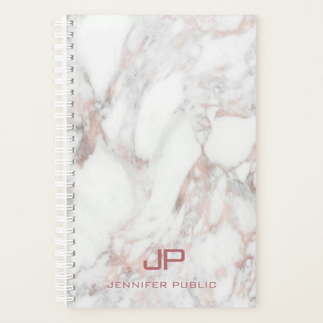 Rose Gold Weißer Marmor Elegant Modernes Monogramm Planer (Vorderseite)