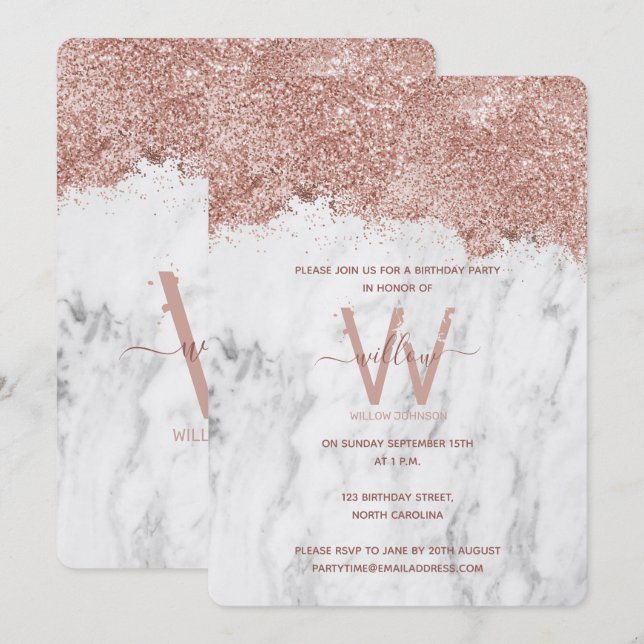 Rose Gold Weißer Marmor Glitzer jedes Jahr Geburts Einladung (Vorne/Hinten)