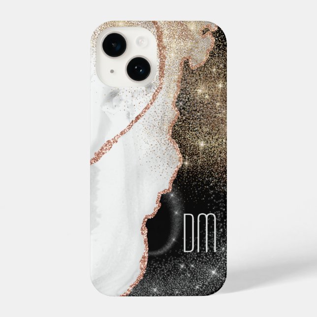 Rose Gold Weißer Marmor Glitzer Monogram iPhone 14 Hülle (Rückseite)