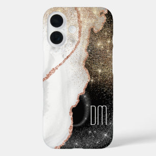 Rose Gold Weißer Marmor Glitzer Monogram iPhone 16 Hülle