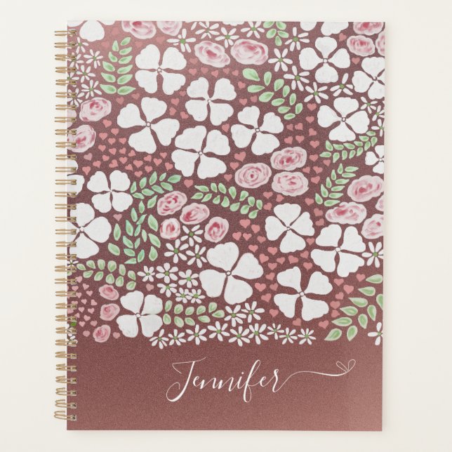 Rose Gold Weißrosa Rosen Blumenmuster Planer (Vorderseite)