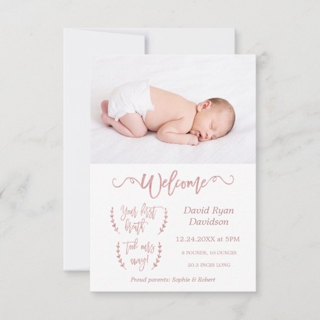 Rose Gold Welcome Photo Baby Faire-part de naissan (Devant)
