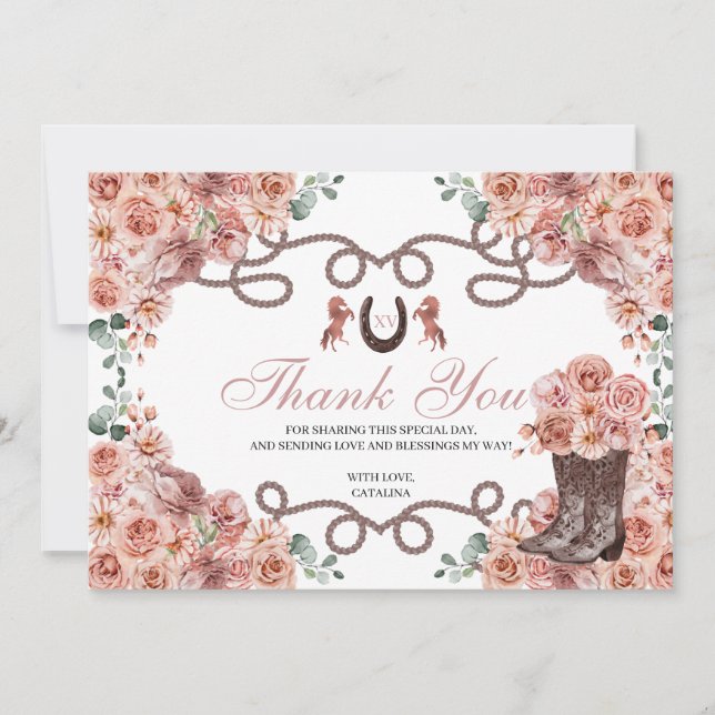 Rose Gold Western Pferde Quinceanera Danke Karte (Vorderseite)