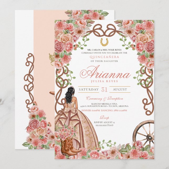 Rose Gold Western Ranch Charra Quinceañera Einladung (Vorne/Hinten)