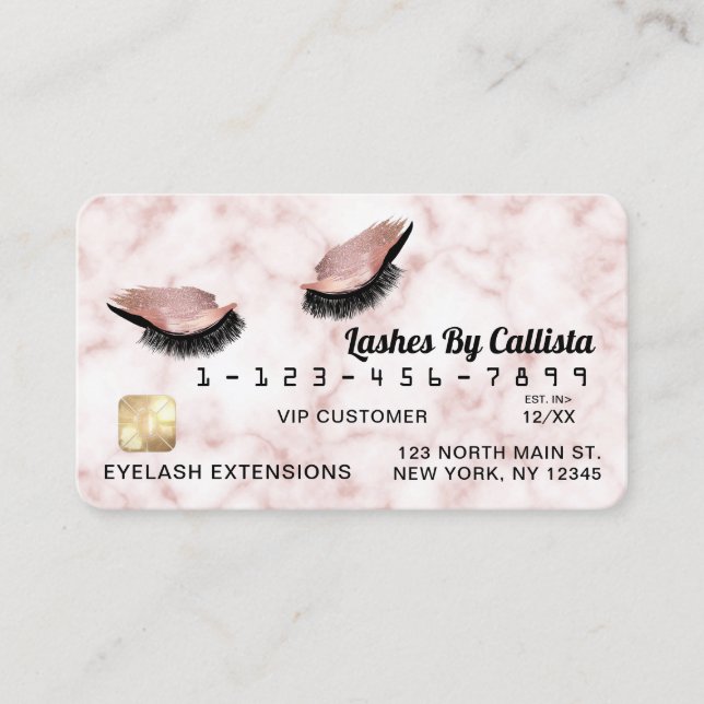 Rose Gold White Marble Glitzer Lashes Credit Visitenkarte (Vorderseite)