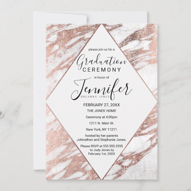 Rose Gold White Modern Marmor Abschluss Einladung (Vorderseite)
