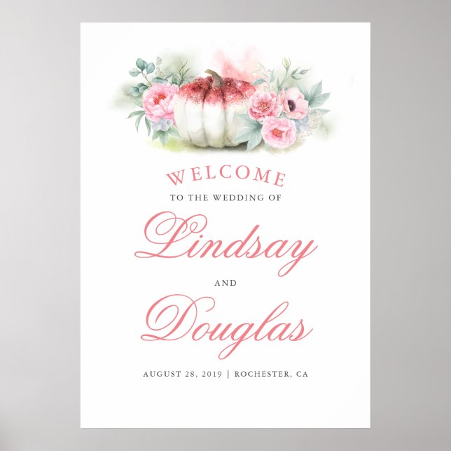 Rose Gold White Pumpkins Hochzeit im Herbst Begrüß Poster (Vorne)