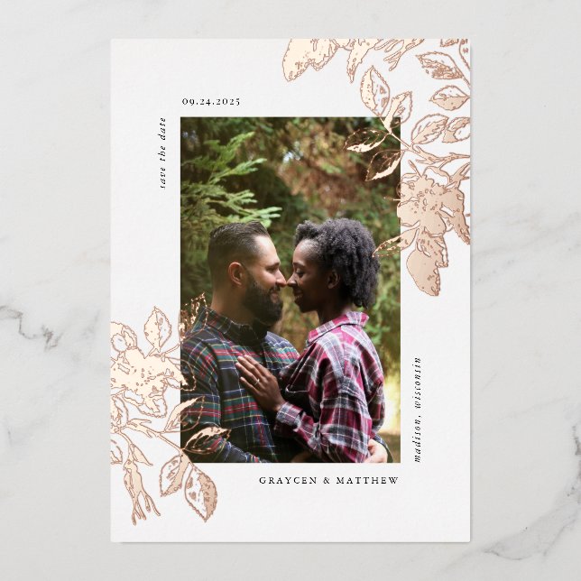 Rose Gold Wilde Rose Moderne Eleganz Save the Date Folieneinladung (Vorderseite)