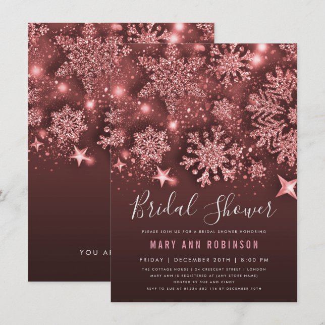Rose Gold Winter Brautparty Glitzer & Stars Einladung (Vorne/Hinten)