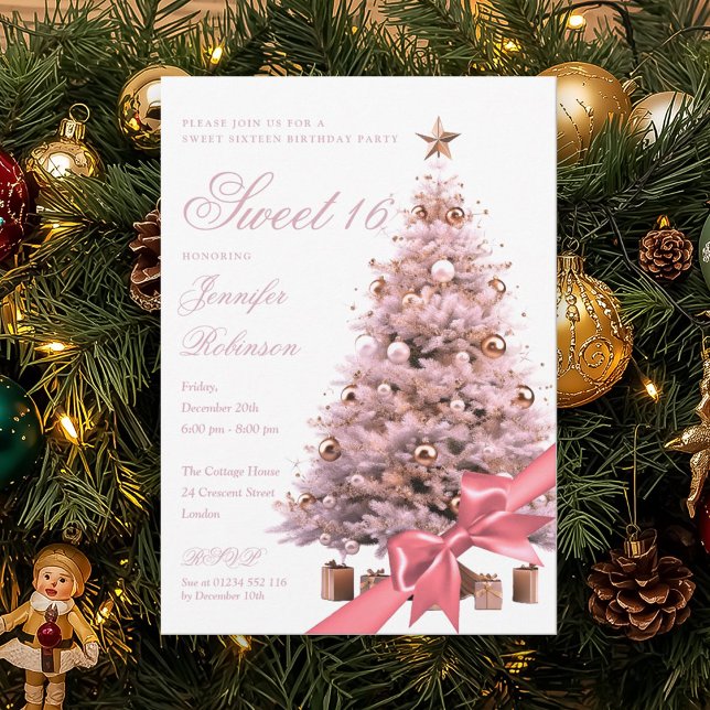 Rose Gold Winter Wonderland Bow Sweet 16 Birthday  Einladung (Rose Gold Winter Wonderland Bow Sweet 16 Birthday Invitation)
