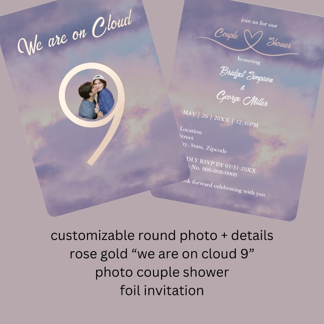 Rose Gold wir sind auf Cloud 9 Foto Paar Dusche Folieneinladung (customizable round photo + details rose gold “we are on cloud 9” photo couple shower foil invitation)