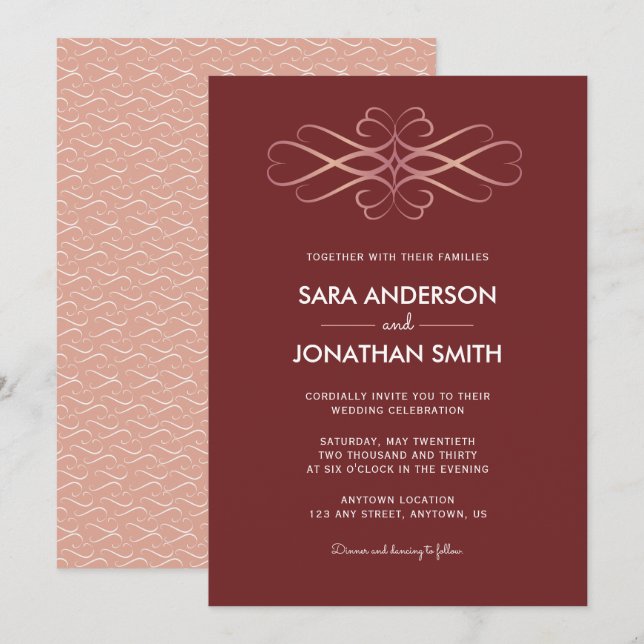 Rose Gold Wirbel | Burgundy Wedding Einladung (Vorne/Hinten)
