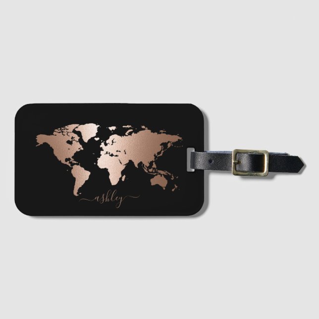 Rose Gold World Map Gepäckanhänger (Vorderseite (Horizontal))