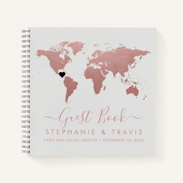 Rose Gold World Map Herbst Reiseziel Gästebuch Notizbuch (Vorderseite)