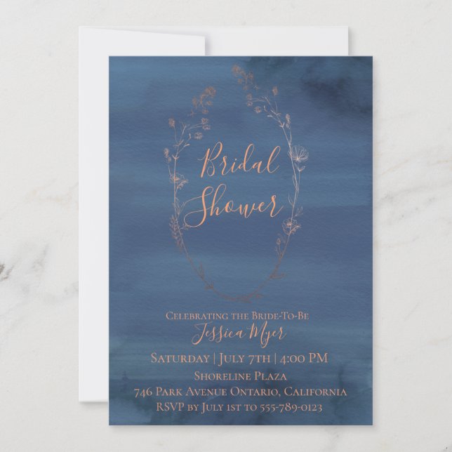 Rose Gold Wreath Navy Brautparty Einladung (Vorderseite)