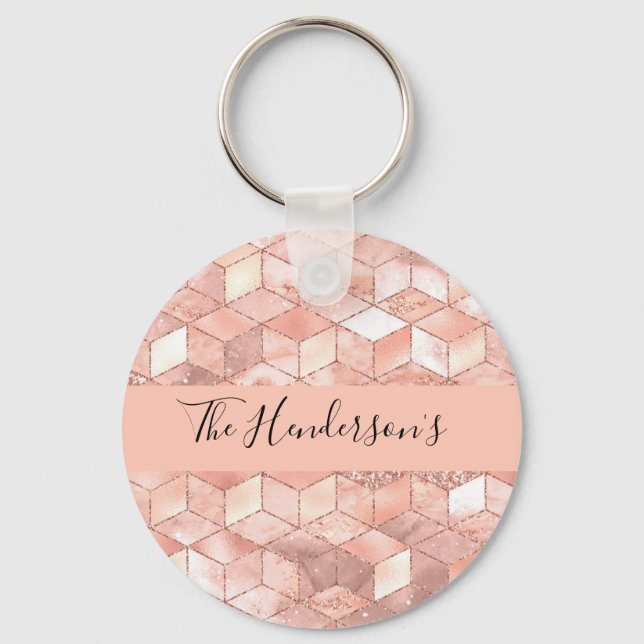 Rose Gold-Würfel-Muster-Familie Monogramm-Skript Schlüsselanhänger (Vorderseite)