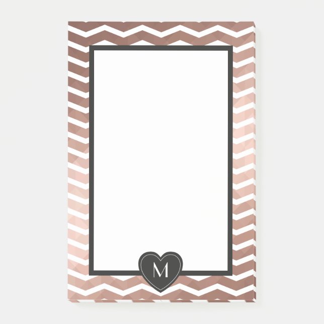Rose Gold zack schwarzer Monogramm Herzrahmen Post-it Klebezettel (Vorderseite)