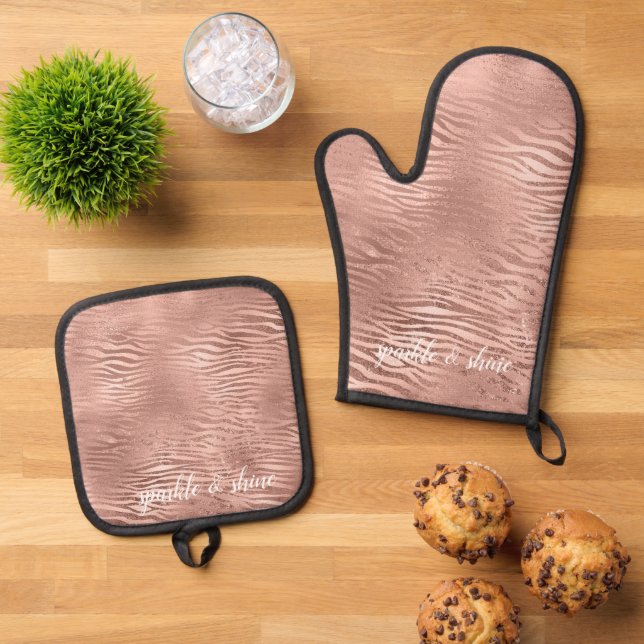 Rose Gold Zebra Animal Print Ofenhandschuh & Topflappen-Set (Oben Unten)
