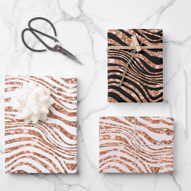Rose Gold Zebra Glitzer Geschenkpapier Set (Vorderseite)