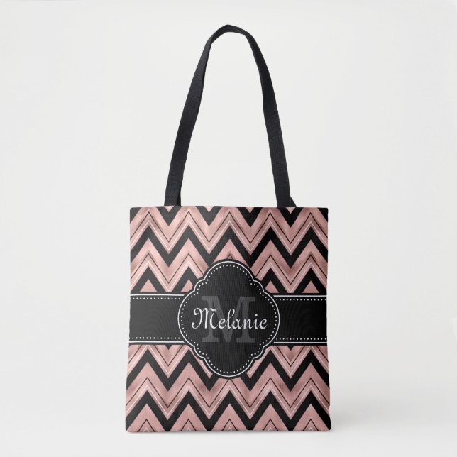 Rose Gold Zickzack Muster Schwarz-weiß Monogramm Tasche (Vorderseite)