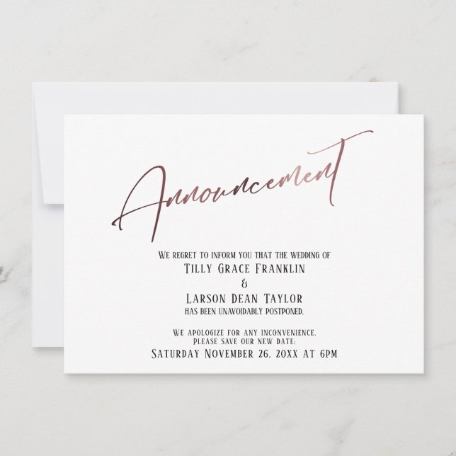 Rose Gold Zurückgestellt Hochzeitsankündigung Einladung (Vorderseite)