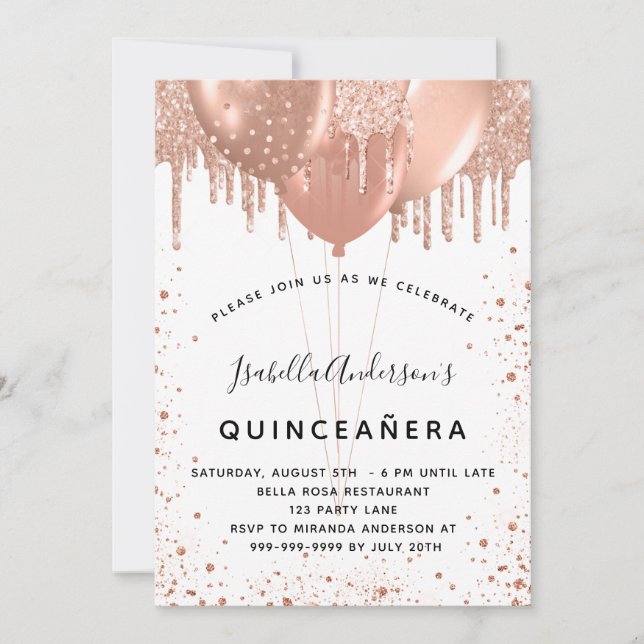 Rose Goldballons weiß Quinceanera Einladung (Vorderseite)