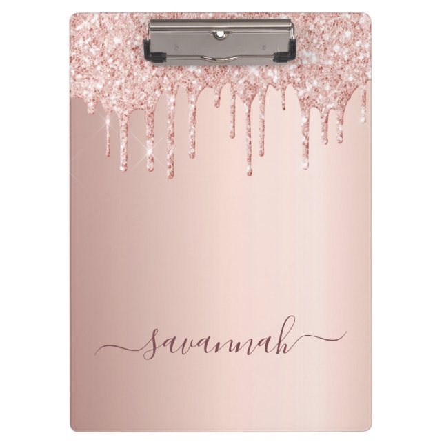Rose Goldbarren Glitzer Tropfen Skript Klemmbrett (Vorderseite)
