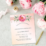 Rose Goldbarren Rosa-Blüten - Einladung zum Hausha Flyer<br><div class="desc">Bitte beachten Sie, dass diese Einladung auf Flyer Papier und sehr dünn ist. Umschläge sind nicht enthalten. Für dickere Einladungen (gleiche Gestaltung) besuchen Sie bitte unseren Shop. Eine romantische Einladung für eine 60. Geburtstagsfeier (oder jedes Alter). Eine Rose Gold und rot rosa Farbverlauf Hintergrund. Große, rosa Rose, grüne Blätter, Blattwerk...</div>