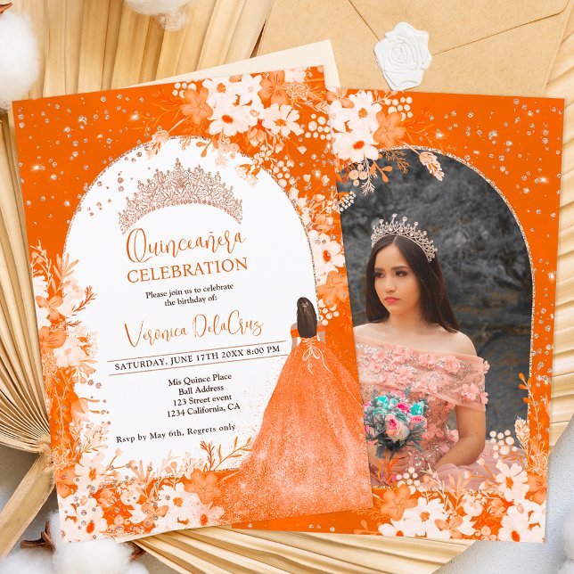 Rose Goldbarsch-Orangenblumenprinzessin Quinceaner Einladung (Von Creator hochgeladen)