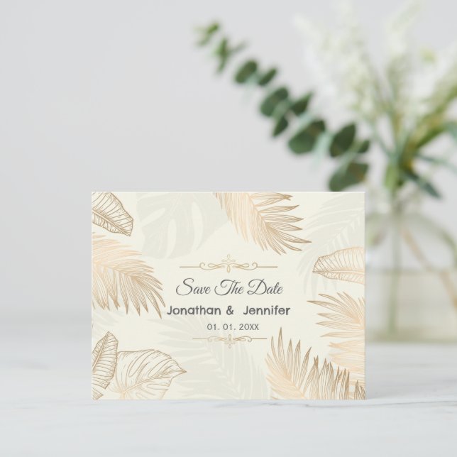 Rose, Goldblatt und Palmen Save the Date Hochzeit Ankündigungspostkarte (Stehend Vorderseite)