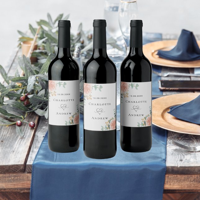 Rose Goldblume Eukalyptus Grüne Hochzeit Weinetikett (Von Creator hochgeladen)