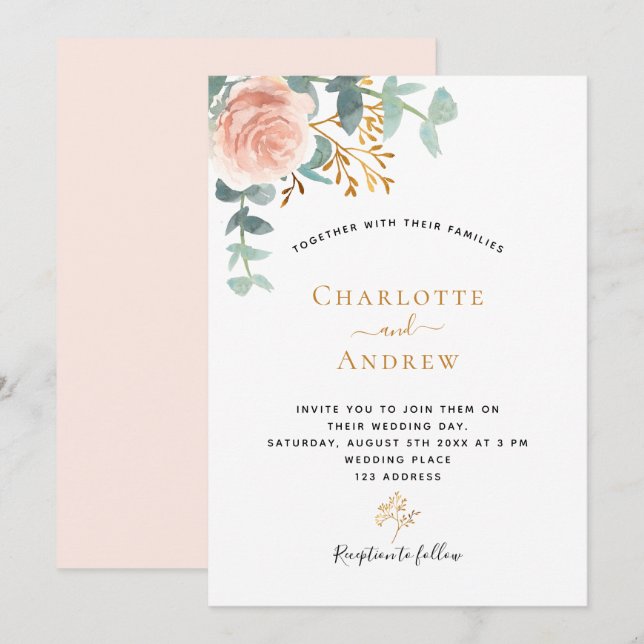 Rose Goldblume Eukalyptus Grüne Rosa Hochzeit Einladung (Vorne/Hinten)