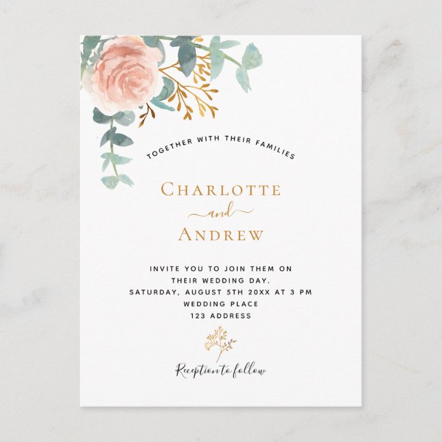 Rose Goldblume Eukalyptus Grüne Rosa Hochzeit Postkarte (Vorderseite)