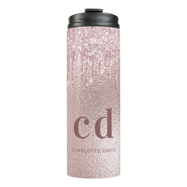 Rose Goldblume Glitzer Tropfen Monogramm Name Thermosbecher (Vorderseite)