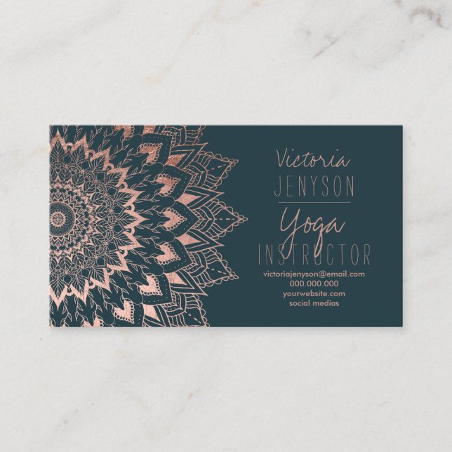 Rose Goldblume Mandala grüner Yogalehrer Visitenkarte (Vorderseite)
