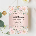 Rose Goldblumen Geburtstag Einladung<br><div class="desc">Eine moderne, stilvolle und glamouröse Einladung für eine 50. Geburtstagsfeier (oder jedes Alter). Eine Rose goldener Hintergrund mit rot-rosa Blume, Rose. Der Name ist mit einem modernen handgeschriebenen Stilskript geschrieben. Personalisieren Sie Ihre Party-Daten und fügen Sie sie hinzu.</div>