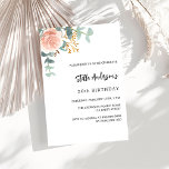 Rose Goldblumengrün Geburtstag Einladungspostkarte<br><div class="desc">Ein schick weißer Hintergrund. Dekoriert mit einer Rose Gold und rot rosa Blumen,  Rose Blume und grüne Aquarell Eukalyptus Blätter,  Sprigs,  Grün und ein Imitat goldbraun. Personalisieren Sie Ihren Namen und Ihre Party-Daten und fügen Sie diese hinzu. Zurück: Rose goldene Hintergrundfarbe.</div>