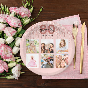 Rose Goldblush Glitzer Tropfen zum 80. Geburtstag Pappteller
