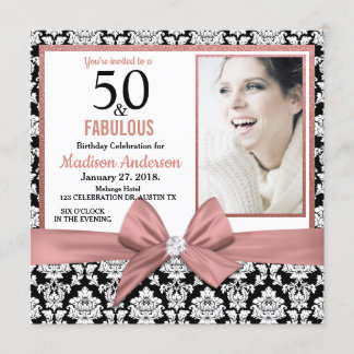 Rose Goldbogen schwarzer Damast 50. Geburtstag Fot Einladung