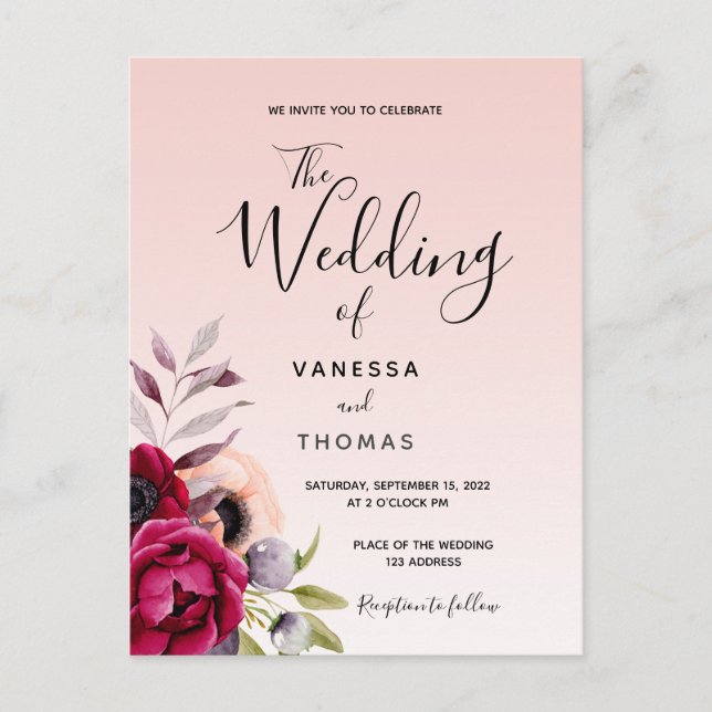 Rose goldbordeauxfarben Einladung Hochzeit Postkarte (Vorderseite)