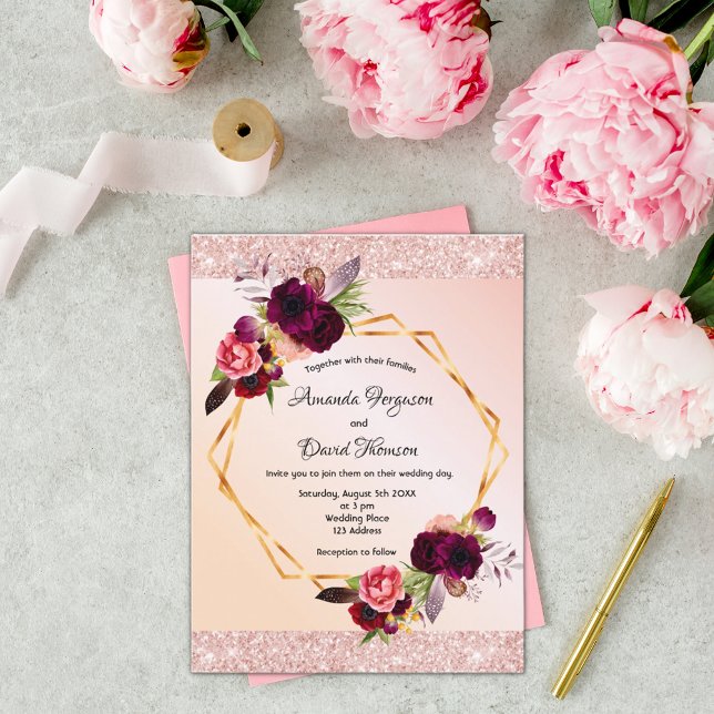 Rose goldbordeauxfarben Einladung Hochzeit Postkarte (Von Creator hochgeladen)