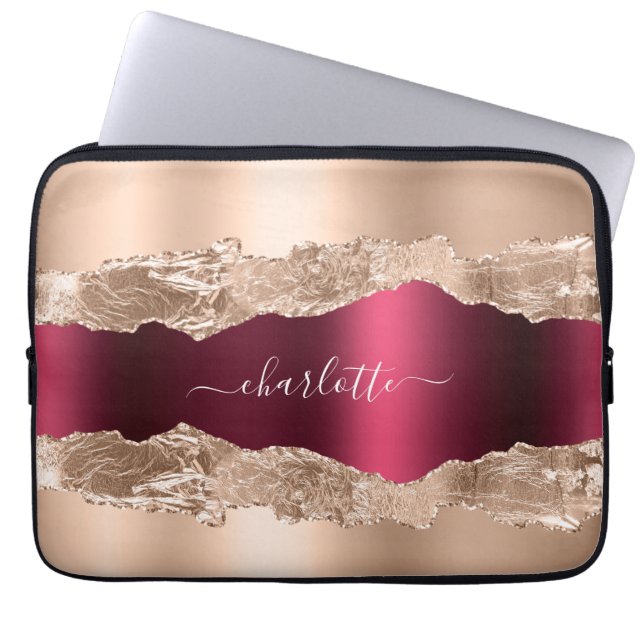 Rose goldbordeauxfarbenes Marmornamenskript Laptopschutzhülle (Vorderseite)