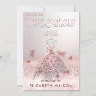Rose Goldbutterfly tiara Quinceañera Invit Einladung