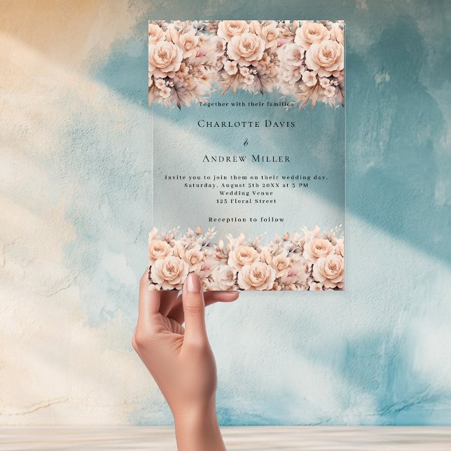 Rose Goldcreme-Blüten klare Hochzeit Acryleinladungen (Von Creator hochgeladen)