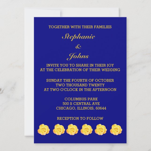 Rose Golden Yellow Navy Blue Floral Wedding Einladung (Vorderseite)