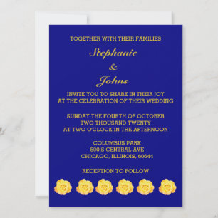 Rose Golden Yellow Navy Blue Floral Wedding Einladung
