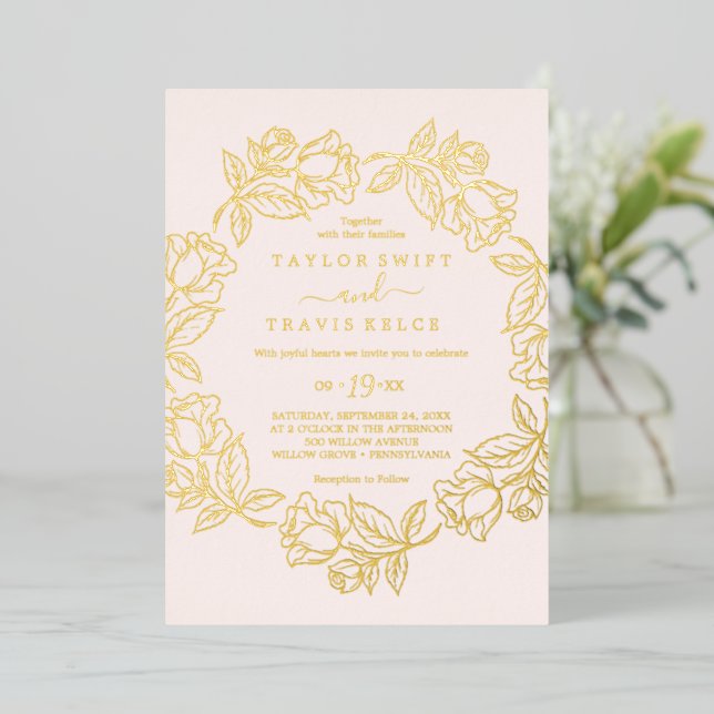 Rose Goldene Blütenhochzeit Folieneinladung (Stehend vorne)